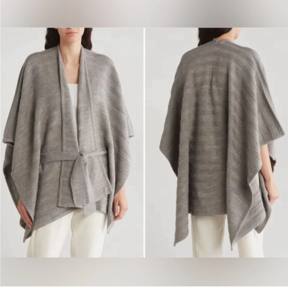 New Kate Spade Texture Stripe Belted Ruana Cape Cardigan One Size Wool Gray